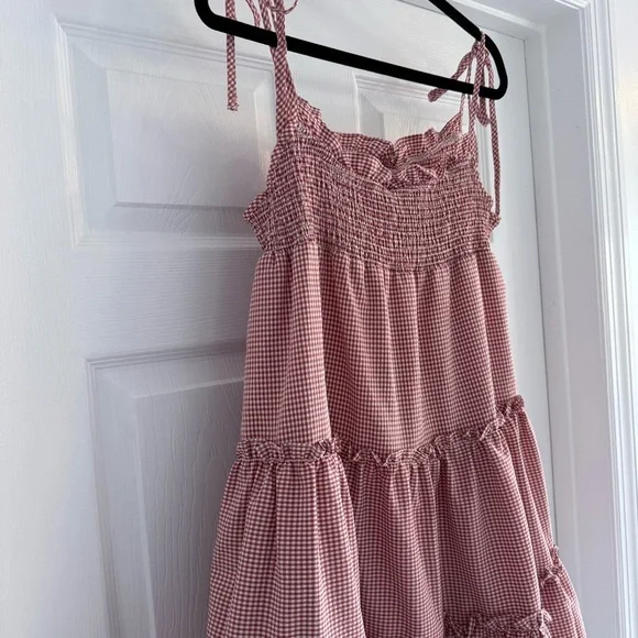 STORIA Gingham Smocked Tiered Mini Dress Cottagecore Summer S - Picture 4 of 7